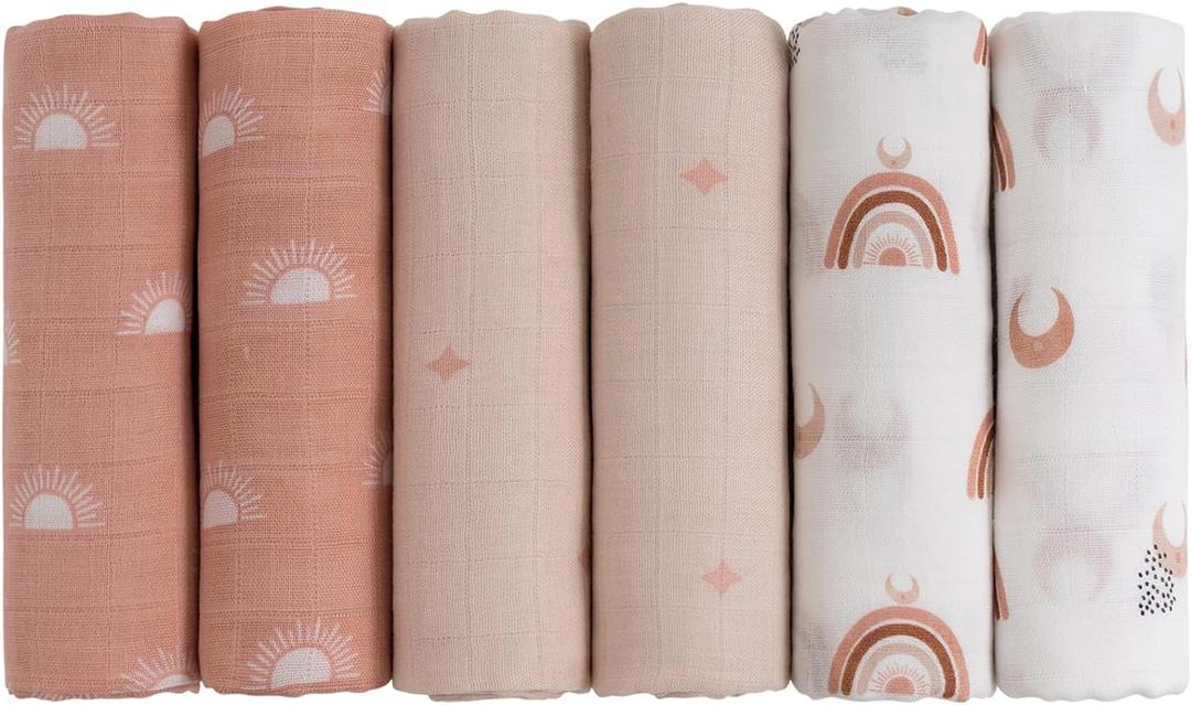 GLLQUEN BABY Receiving Blanket Boy Cotton Muslin Swaddle Blankets Girl Newborn Squares Breathable & Soft Thin Baby Blankets Cloths Double Absorbent Infant Swaddling Wrap - 6 Pack (Sun)