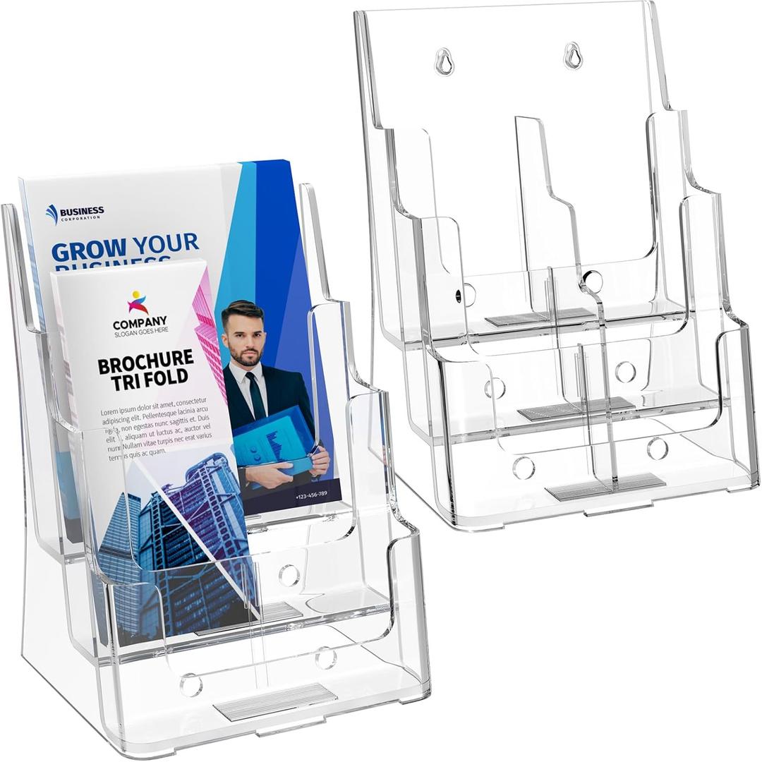 MaxGear Brochure Holder 3 Tier 8.5x11 inch with Removable Divider for 4x9 inch Acrylic Literature Display Stand Clear Plastic Flyer Holder Wall Mount or Countertop Use for Pamphlets, Booklets, 2 Pack