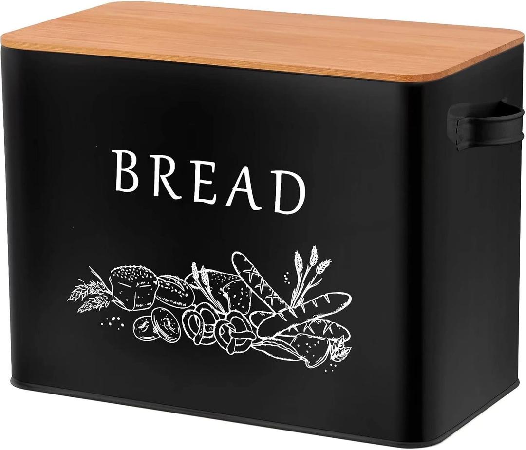 TeamFar Bread Box with Wooden Lid, 13.1 x 7.2 x 9.7 Metal Bread Container Storage Holder for Family Farmhouse Kitchen Countertop, Powder-Coated & Healthy, Large Capacity & Classic Pattern (Black)