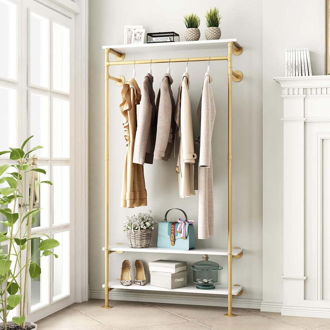 Gold Wall Clothing Racks with White Shelves, Wall Mounted Gold Clothes Rack for Hanging RodsHeavy Duty Industrial Pipe Clothing Racks With Shelves