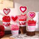 6 Pcs Valentines Day Decorations for Home Artificial Heart Topiary Plant with Pot with Bow and Raffia Valentines Table Centerpiece Felt Heart Decor for Galentines Day Tiered Tray Decor Gift
