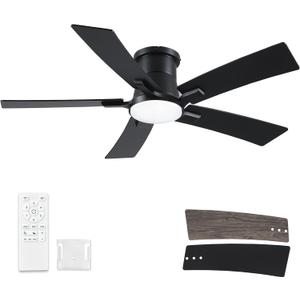46 Inch Ceiling Fans with Lights and Remote, Black Low Profile Ceiling Fan, Flush Mount Style with 5 Blades, For Indoor Bedroom Living Room/Outdoor, 6 Speed Reversible DC Motor, 3CCT Dimmable LED