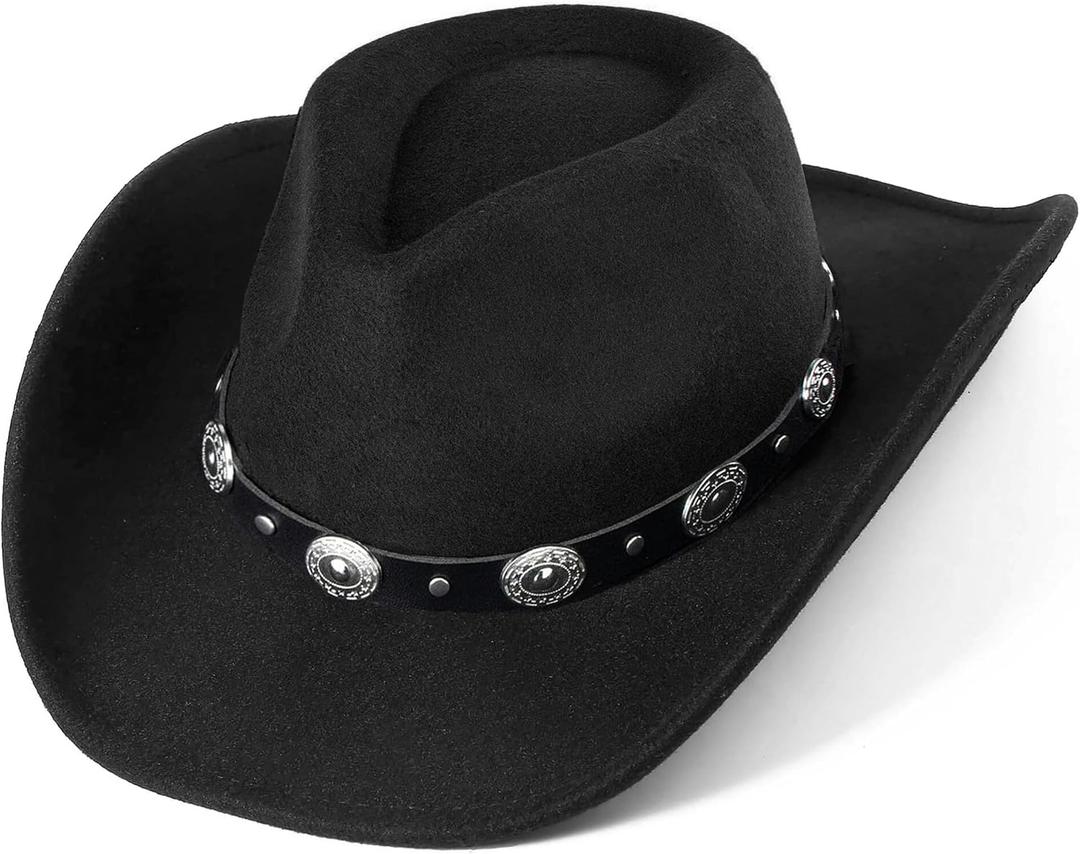 Women & Men Felt Western Cowboy Hat Classic Roll Up Brim Belt Buckle Cowgirl Fedora (M) (Black)