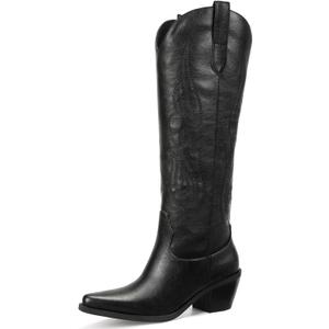 Pasuot Western Cowboy Boots for Women - Knee High Wide Calf Cowgirl Boots with Classic Embroidered, Slip On Pointed Toe Chunky Heel Fashion Retro Classic Pull On Tall Boot for Girls Ladies Fall Winter (13, Black)