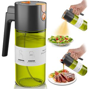 OURCABECUE Upgrade 2 in 1 Oil Sprayer for Cooking, 17oz Light-Blocking Glass Olive Oil Dispenser Bottle for Kitchen, Food-Grade Oil Mister with 8 Stickers for Salad, Frying (Green Bottle-Black Gap)