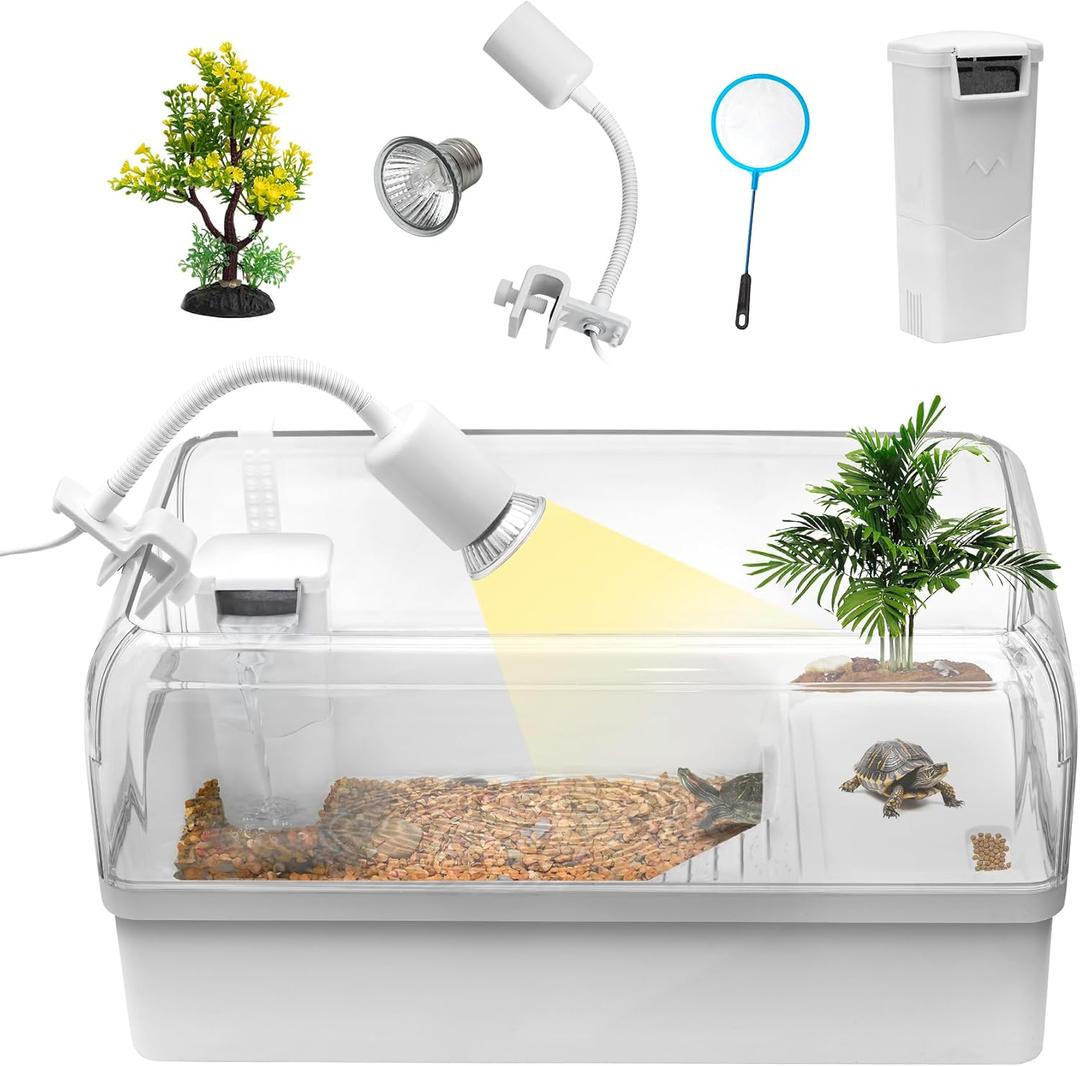 Turtle Tank Acrylic Habitat Kit with Silent Filter & Bottom Drain,UVB Basking Platform Light,Multi-Zone Aquatic Tortoise Enclosure with Hideout,Feeding Area,Plant,Net & Accessories for Baby (M(17.12x10.24x8.661N), Set)