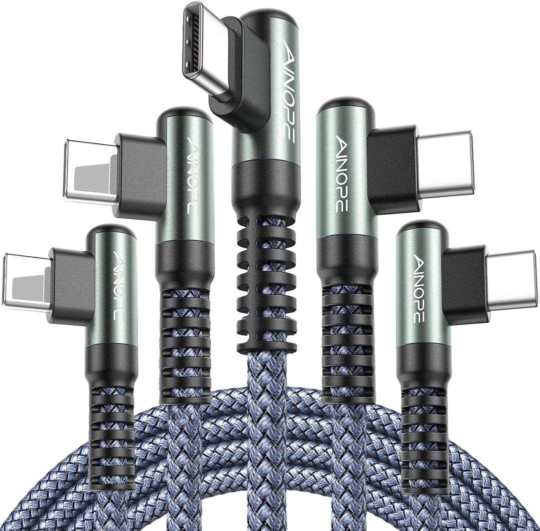AINOPE 60W USB C Cable 5Pack 3.3+3.3+6.6+6.6+10ft C to C Cable Fast Charging Type C Charger Fast Charging, Right Angle for Charging Fit for iPhone 17 Pro Max Samsung iPad MacBook