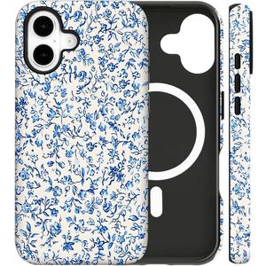 Magnetic for iPhone 16 Case Cute Floral Flowers Phone Case, Shockproof Slim TPU and Hard PC Protective Phone Cover Compatible with MagSafe Designed for Women Girls, Blue