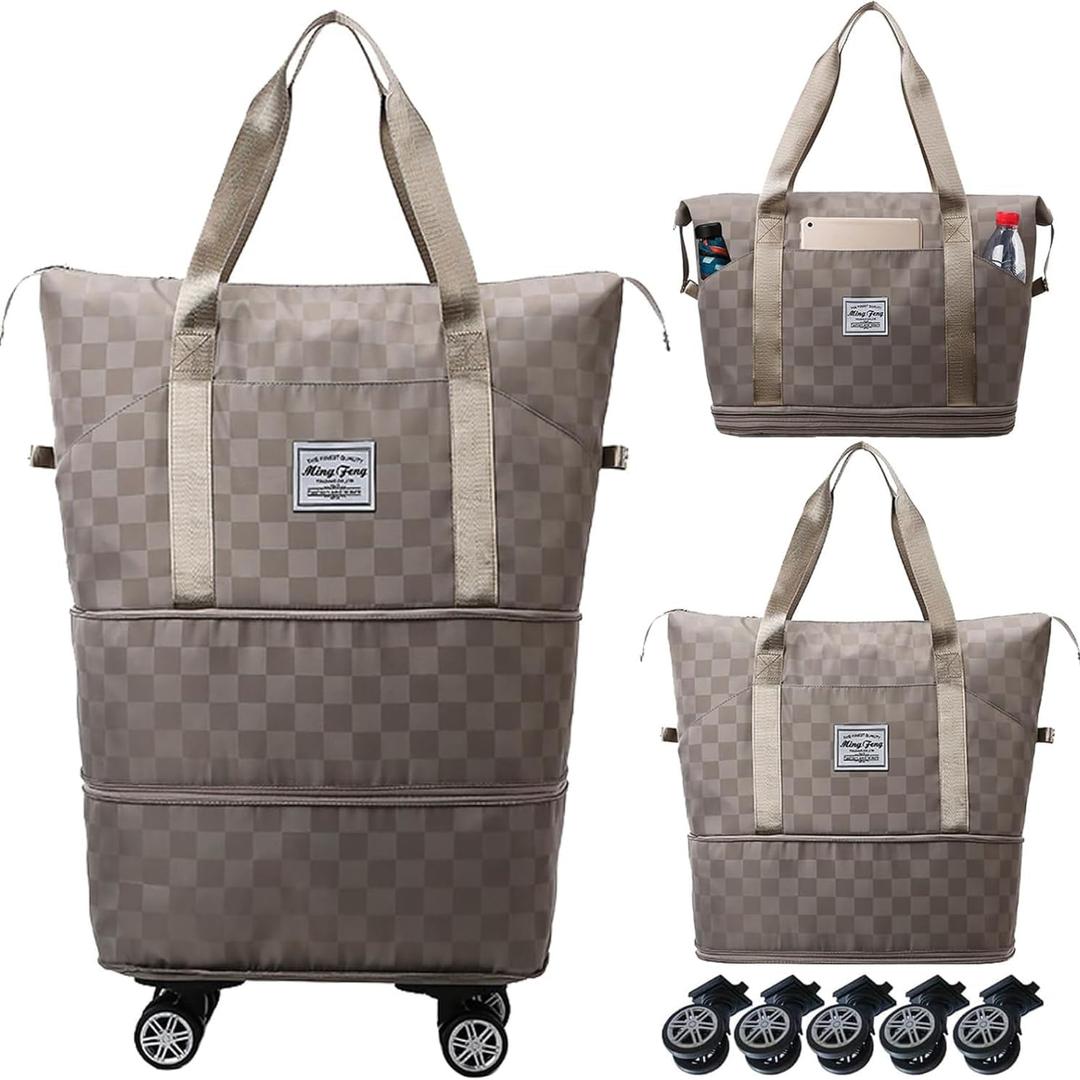 Expandable Foldable Duffel Bag Suitcases,Detachable Rolling Wheels,Rolling Duffle Bag with Wheels,Suitcase with Wheel,Carry on Luggage,Gift for Men Women Lightweight Suitcases (Khaki)