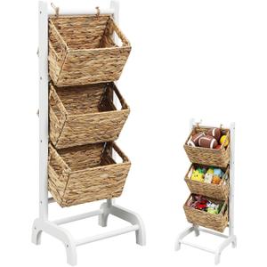 Menkxi Wicker 3 Tier Foldable Storage Basket Floor Rack with Market Storage Basket Water Hyacinth Storage Rack Hand Woven Laundry Rack for Bathroom Kitchen Laundry Room Living Room Storage(White), 11.8"D x 14.2"W x 36"H