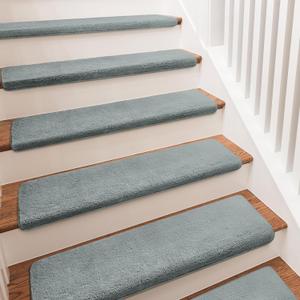 PURE ERA Carpet Stair Treads Ultra Plush 9.5" X 30"Soft Bullnose Indoor Stair Protectors Pet-Friendly Non-Slip Skid Resistant Tape Free Washable Reusable(14 Pieces, Greenish Gray)