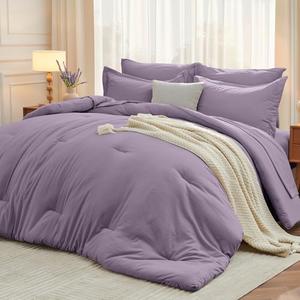 MUXHOMO 7 Pieces Full Comforter Set, Soft Bed in a Bag Full Size, All Season Bedding Set with Comforter, Flat Sheet, Fitted Sheet, Pillowcases & Shams, Greyish Purple