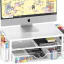 Desk Organizers and Accessories, 2-Tier Computer Monitor Stand Riser with Drawer and 2 Pen Holders, Laptop Stand, Office Desk Accessories for Office Supplies, White