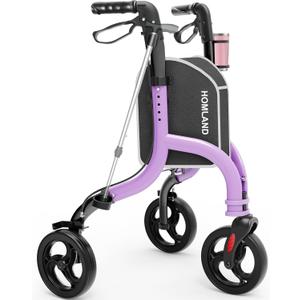 HOMLAND 3 Wheel Walkers for Seniors, Foldable Wheeled Rollator with Cane Hold and Cup Hold, Lightweight Three Wheel Rolling Walker Height Adjustable for Seniors (Purple)
