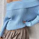 Cakulo Womens Off The Shoulder Sweater Ribbed Oversized Long Sleeve Tops 2026 Casual Knit Pullover Sweaters (Blue, S)