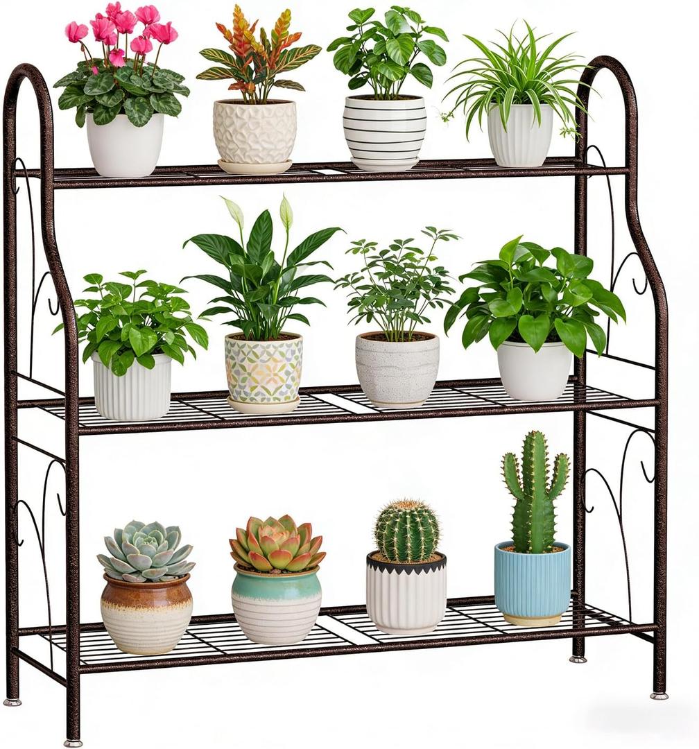 SORCEDAS Plant Stand Indoor Outdoor Plant Shelf 3 Tier Metal Corner Flower Stand Multiple Holder for Patio Garden Balcony Living Room, Bronze