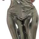 DINGANG Womens Sexy Metallic Halter Jumpsuit Backless Sleeveless One Piece Wide Leg Rompers for Party Club (Medium, Silver)