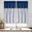 BLEUM CADE Farmhouse Kitchen Curtains 36 Inch, Cotton Linen Cafe Curtains with Rustic Buttons, Boho Small Window Curtains for Bathroom, Blue Stripe Half Window Drapes Over Sink, 2 Panels