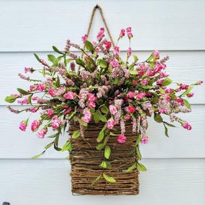 Wildflower Wreath with Pink Berry Accents - Handwoven Rattan Basket for Front Door, Spring Farmhouse Decor for Mother's Day, Wedding and Everyday Home Accent