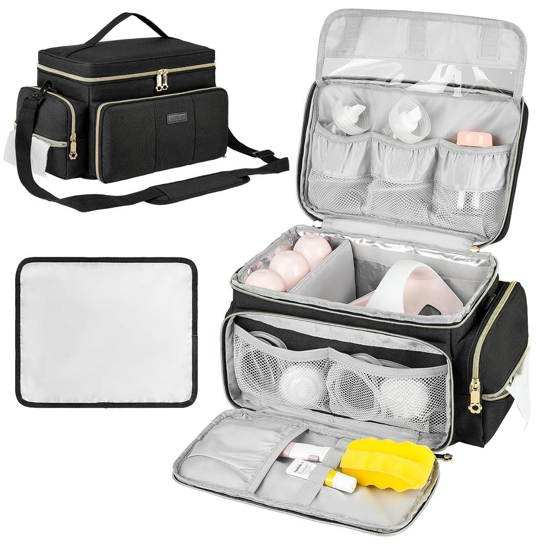 Breast Pump Bag Compatible with Spectra S1 and S2 with Insulated Compartment, Breast Pump Storage Bag with Water Resistant Mat for Pumping Essentials, Black, Bag Only