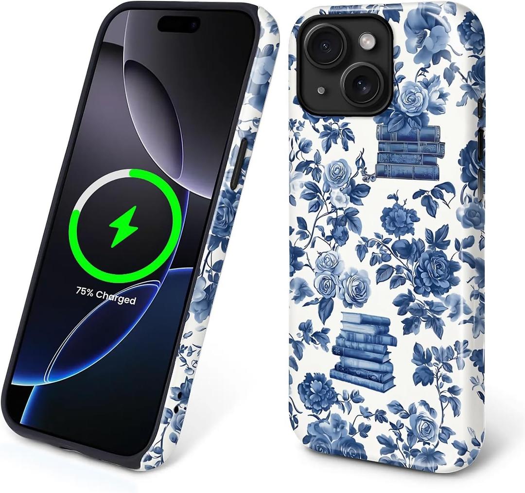 Magnetic Case for iPhone 14 Plus, Compatible with Magsafe PC Hard Shell & Silicone Inner Bumper Anti-Scratch Full-Body Cover Shockproof Slim Design Bookish Flower Rose Book Lover