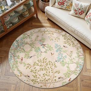 Jinchan Yarden Round Rugs 6 Ft Beige Botanical Birds Print Machine Washable 6' Circle Nature Plants Modern Soft Non Slip Kids Throw Area Rugs Ultra Thin Low Pile Carpet for Living Room Bedroom (Natural Beige/Pink)