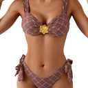 Eomenie Women's Bikini Sets Two Piece Metal Swimsuits V Neck Lace Up Bathing Suits Sexy Wide Strap Tie Back Swimwear (Large, Brown Printing)
