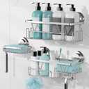 KEGII Suction Cup Shower Caddy 3 Pack Suction Cup Shelf with Soap Holder & Hooks, Rustproof Stainless Steel Shower Organizer Rack, Removable No Drilling Bathroom Storage Rack, Silver