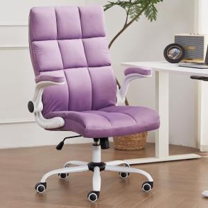 Velvet Home Office Desk Chair Comfy Office Chair Ergonomic Executive Chairs, Comfortable Computer Chairs with Wheels Swivel Flip up Arms, Faux Fur Lumbar Support (Purple, Large)