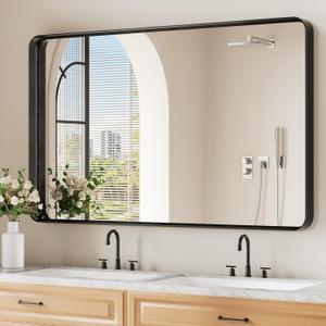 Koonmi Black Bathroom Mirror for Wall, 30x48 Inch Matte Metal Deep Framed Rounded Rectangle Wall Mirror for over Sink, Shatterproof Tempered Glass Mirrors for Bathroom, Hang Vertically or Horizontally