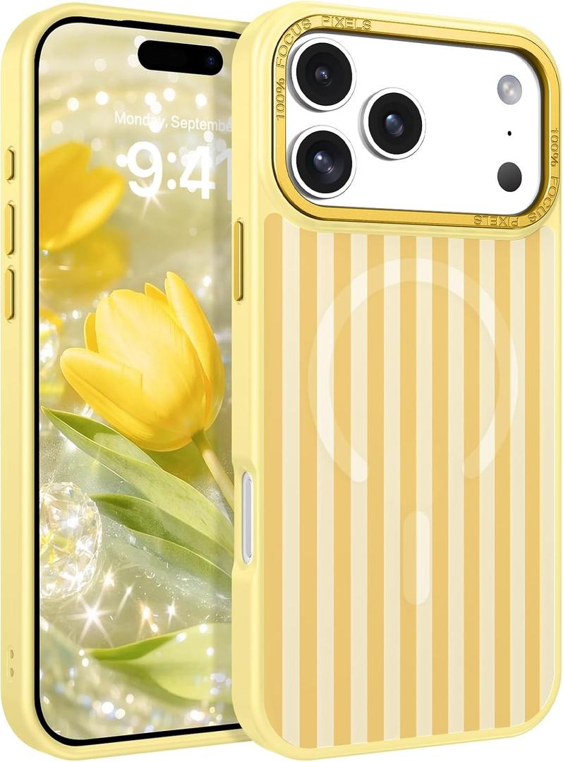 DOMAVER for iPhone 17 Pro Max Case Cute Striped Phone Case Compatible with MagSafe, Slim Translucent Aesthetic Protective Bumper Shockproof Cover for Women Girl for 17 Pro Max 6.9", Yellow