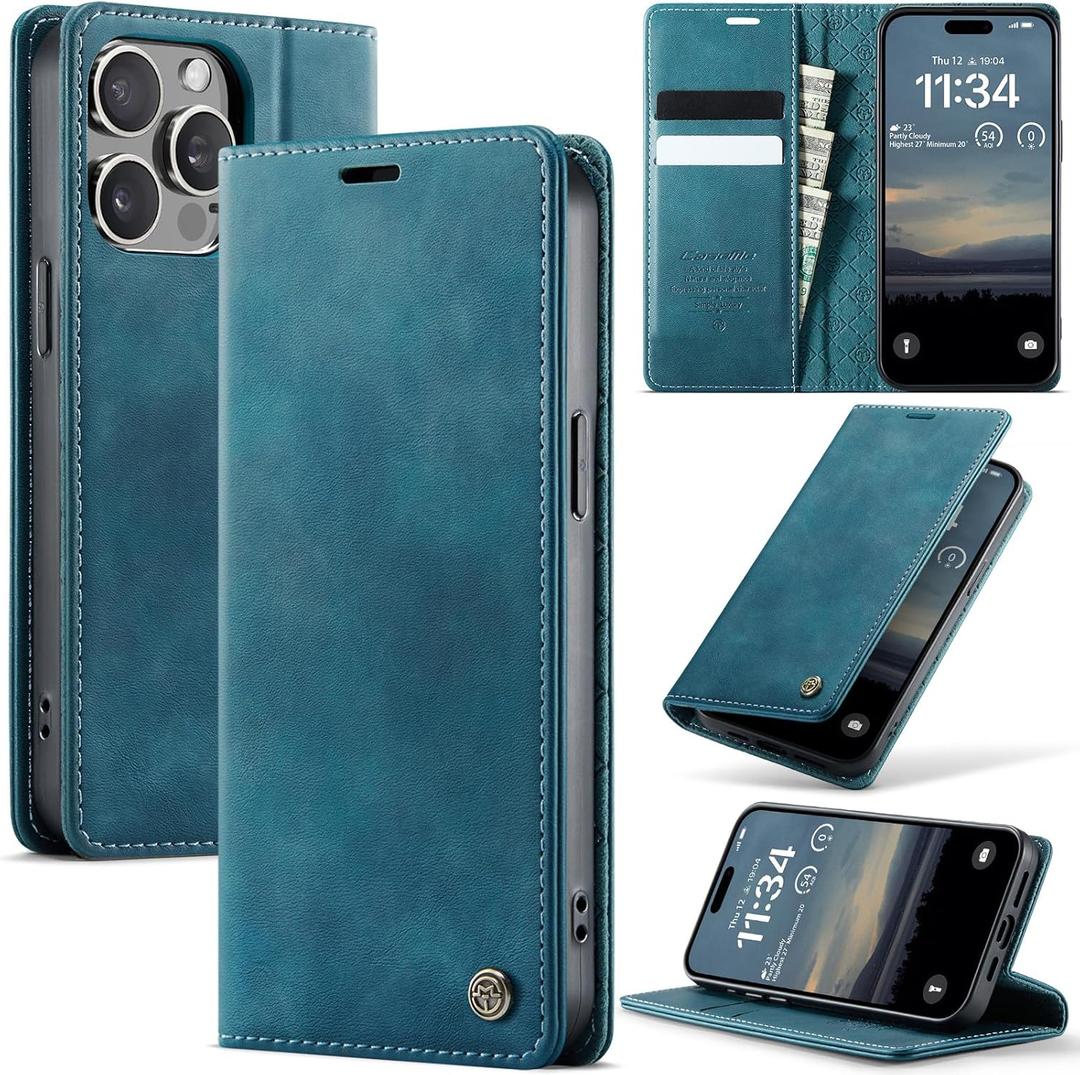 Wallet Case for iPhone 15 Pro Leather Wallet Flip Cover with Card Holder, Kickstand, Magnetic Closure, RFID Blocking TPU Shockproof Phone Case Compatible with iPhone 15 Pro, Blue-Green