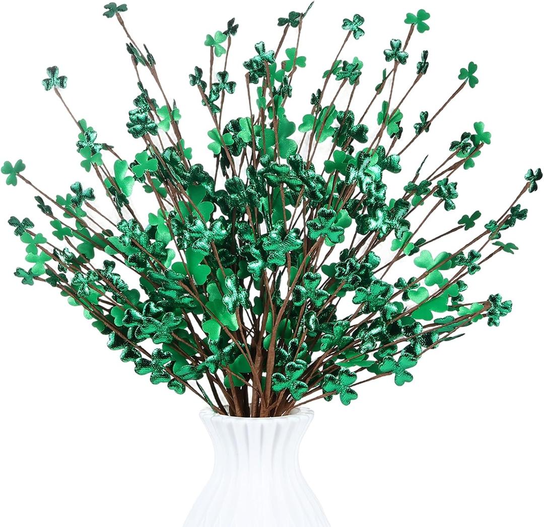 8 Pcs St Patricks Day Decorations 17'' Foam Artificial Shamrock Picks Clover Shaped Green Berry Branches Lucky Clover Floral Stem Gifts for Irish Festival Party Table Centerpieces Home Decor