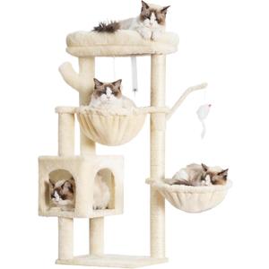 Heybly Cat Tree, 39.4 Inches Tower Condo with Scratching Post, Cat Tower for Indoor Cats, Fully Wrapped Sisal Pole, Soft Platform, 2 Baskets and Dangling Toy, Beige HCT006SM