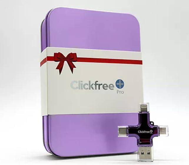 Clickfree Pro 128GB 4-in-1 Photo & Video Backup USB Flash Drive for iPhone, Android, iPad & Mac with Matching Metal Travel Tin (Purple) - with Custom Museum Quality Poster