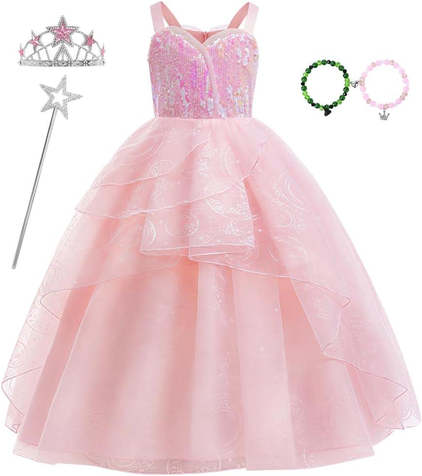keaiyouhuo Kids Pink Witch Costume for Girls Pink Princess Sequins Tulle Dress Halloween Cosplay Outfits with Crown and Wand (9-10 Years)