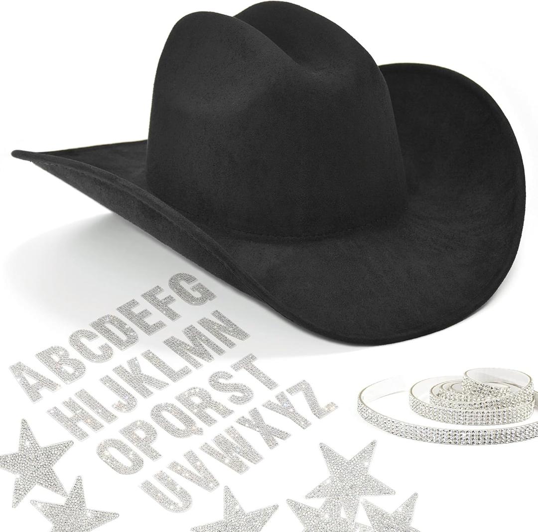 Keilin Cowboy Hats for Women Rhinestone Cowgirl Hat Felt Western Hat Nashville Bachelorette Party Disco DIY Cowgirl Outfits (6 3/4-7 3/8, Black)