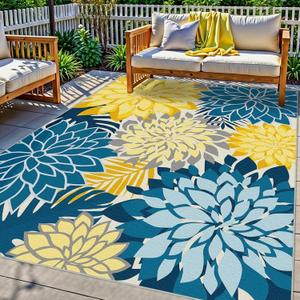 Colorful 9x12 Outdoor Area Rug Washable Multicolored Patio Rug Tropical Botanical Floral Chenille Waterproof Outdoor Carpet Non-Slip for Deck, Backyard, Porch, Ocean Dahlia
