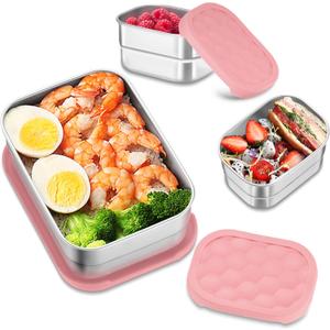 HaWare 8oz*2+25oz Stainless Steel Lunch Box for Kids, Leak Proof Lunch Container with Silicone Lids, Easy Open Food Storage Bento Box for School and Daycare, Dishwasher Safe (Pink)