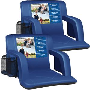 Sheenive Stadium Seat with Back Support Padded Bleacher Chairs with Back and Cushion, Portable Folding Bleacher Seat with Armrest, 6 Reclining Positions, Large Stadium Seat with Cup Holders & Pockets (20.5" Wide, Blue, 2 Pack)