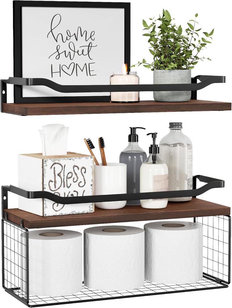 WOPITUES Floating Shelves with Wire Storage Basket, Bathroom Shelves Over Toilet with Protective Metal Guardrail, Wood Wall Shelves for Bathroom, Bedroom, Living Room, Toilet Paper- Dark Brown (15.7 inch)