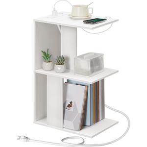 End Table with Charging Station, Narrow Side Table for Small Spaces with USB Ports and Outlets, Bedside Nightstand with Light, Narrow Table for Living Room, White ETWT18E01Z