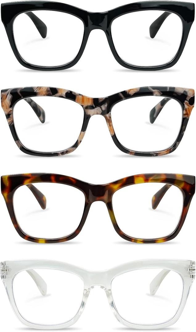 Reading Glasses for Women 3 Pack Oprah Stylish Cat Eye Oversize Readers Blue Light Blocking with Spring Hinge (4 Colors Mix)