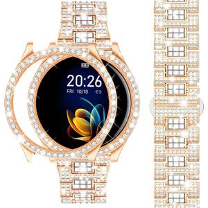 Dsytom Stylish Bands Compatible with Samsung Galaxy Watch 7/6 40mm 44mm, 20mm Bling Metal Replacement Galaxy Watch 7/6 Band 40mm 44mm with Rhinestone Protective Case for Women (Rose Gold)