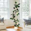 Rubber Tree 5 ft Artificial Tree in White Planter Pot, Faux Plants Indoor Faux Floor Plant Artificial Plants with 7 Pcs Magnolia Flowers for Home Decor, Artificial Fiddle Leaf Fig Tree for Office (Green)