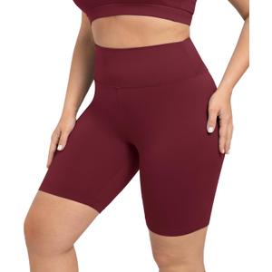 VALANDY Creamlush Plus Size Biker Shorts for Women - 8" High Waisted Ultra Soft Yoga Shorts(L-XL) (Wine Red)
