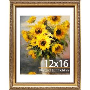 JCJMY 12x16 Vintage Picture Frame with 11x14 Mat, Elegant Retro 12 by 16 Photo Frame with Shatter-Resistant Plexiglass for Wall, Gallery Decor & Gift, Gold, 1 Pack