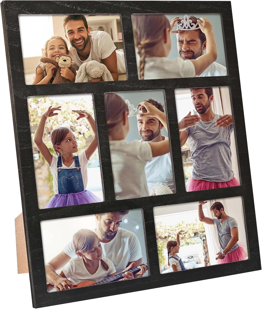 Picture Frame Collage Wall Decor, 4x6 Photos Display - 7 Openings Photo Collage Picture Frame for Tabletop Stand and Wall Mounting Frames Collage Set for Home Lving Room Family Gifts (Black)