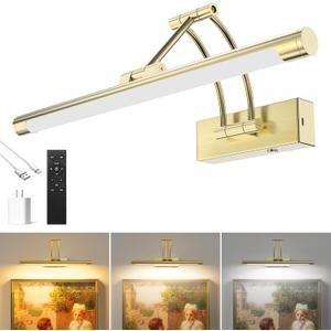 Brass Picture Light for Wall - 16inch Dimmable & Rechargeable Art Light with 25H Light Time, Angle Adjustable, 3 Color Temperatures Timer - Perfect for Paintings and Home Decor