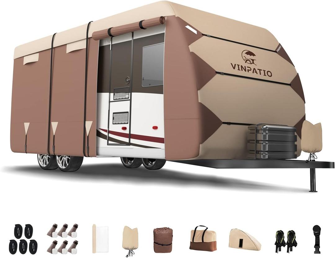 Oxford Fabric Travel Trailer RV Cover, Toy Hauler Cover Fits 16'-18' RV Heavy Duty 300D Ripstop Anti-UV Waterproof Windproof Camper Cover with Tongue Jack Cover, Extra Windproof Ropes